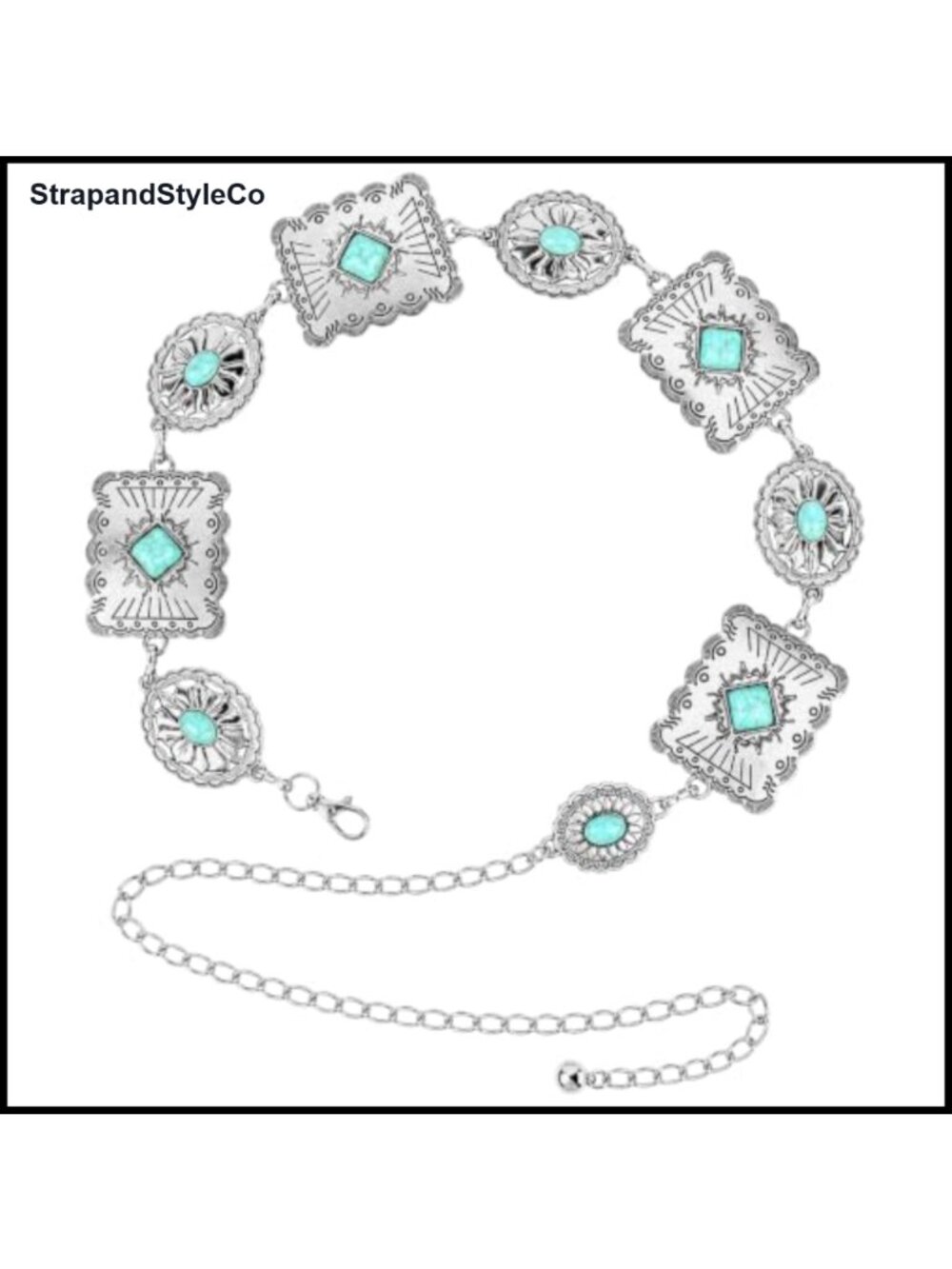 Western Concho Chain Belt Faux Turquoise Silver Waist Chain Cowgirl Boho